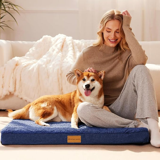 Patas Lague Orthopedic XL Dog Bed Large Sized Dog 42''X28'', Soft Waterproof Egg Crate Foam Large Pet Crate Beds Mat with Removable Washable Cover and Non-Slip Bottom, Navy Blue