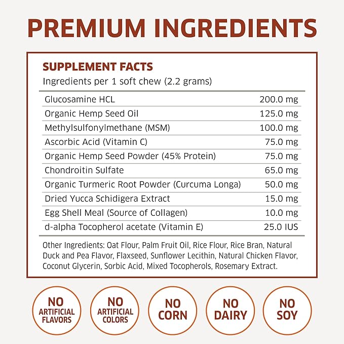 Hemp Hip and Joint Supplement for Dogs - Glucosamine for Dogs - Glucosamine Chondroitin for Dogs with MSM, Hemp, Turmeric & Omega 3 - Pain Relief - 120 ct Soft Chews - Made in The USA