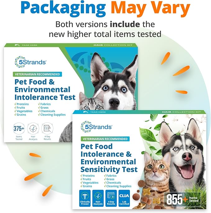 5Strands Pet Food Intolerance & Environmental Sensitivity Test, at Home Gut Health Test for Dogs & Cats, 857 Items Tested, Pet Health Check, Results in 4 Days, for All Ages and Breeds