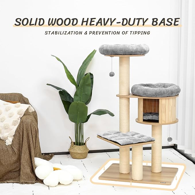 KAMABOKO 58.6" Modern Cat Tree, Wood Cat Tree w/ 4.7" Large Dia Sisal Scratching Posts, Heavy-Duty Cat Trees for Large Cats with Condo, Cushions for Cats Climb Scratch Play Rest