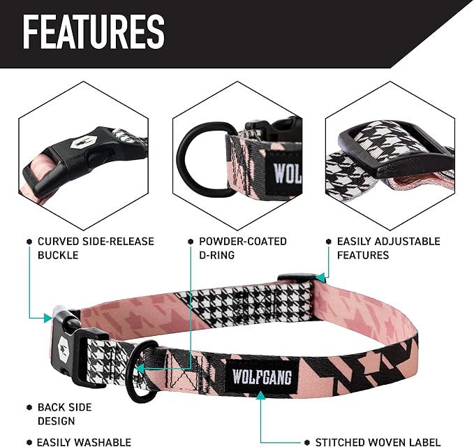 Wolfgang Heavy Duty, Adjustable Dog Collar with Quick Release Nylon Buckle for Walking & Training, HoundsPink Print, Small