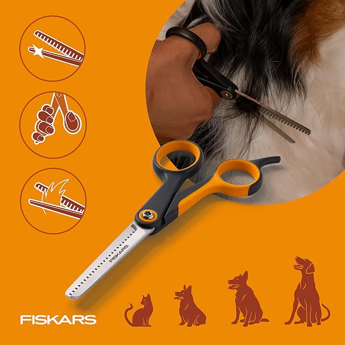 Fiskars Pet Blending Scissors, Dog and Cat Grooming Scissors, Serrated Teeth for Thinning & SoftGrip Handle, 6.5”, Orange/Black