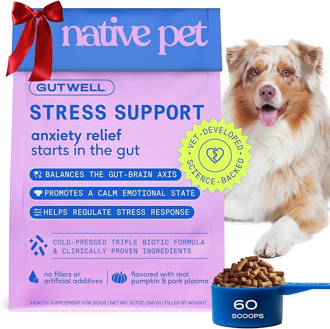 GutWell Stress Support - Dog Anxiety Relief & Calming Treats - Tasty Food Topper for Dog Stress and Anxiety Relief - Support Gut-Brain Axis with Triple-biotic Blend & Magnesium - 60 Scoops
