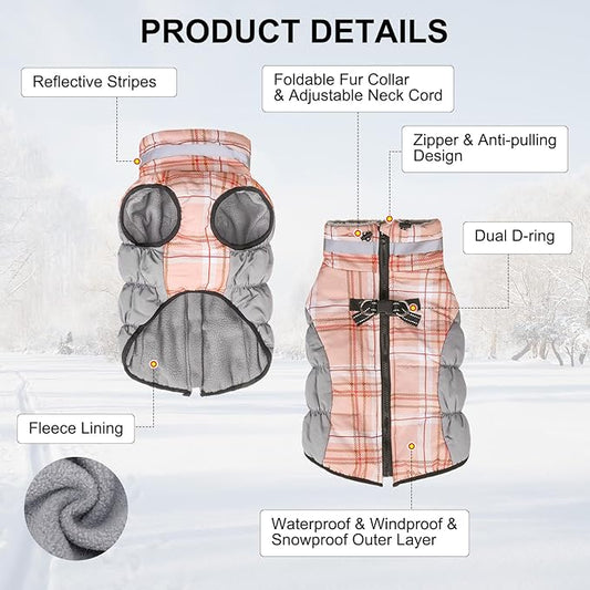 BEAUTYZOO Dog Winter Coat with Harness Built in, Reflective Plaid Puffer Vest Waterproof for Small Dogs, Fleece Warm Puppy Zipped Jacket with D Ring, Pet Cold Weather Sweater Clothes, Brown S