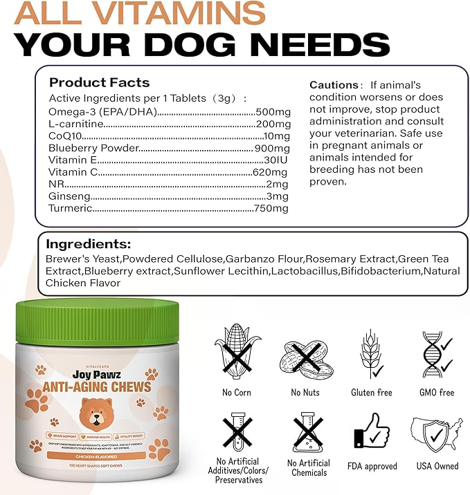 Senior Dog Supplement & Raise NAD+ Levels, Anti Aging, Tumeric, Multivitamin, Probiotics - Soft Chews - Brain, Joint & Immune Support – Chicken Flavor, 100pc
