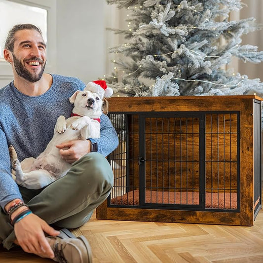 Bigrab Dog Crate Furniture with Thick Cushion, Side End Table Wooden Dog Cage with Double Doors, Chew-Resistant Dog Kennel Dog House Indoor for Small to Large Dog, S
