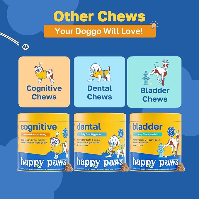 Happy Paws Calming Chews for Dogs, Relaxation & Anxiety Support for All Breeds & Ages, Dog Sleep Aid with L Theanine & Chamomile, Vegan Peanut Butter Flavor, Organic, Non GMO, (100 Chews)