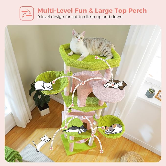 Tall Pink Cat Tree for Indoor Cats Large Adult, 71.2" Multi-Level Cat Tower with 2 Spacious Condos, 3 Hammocks, Super Large Top Perch, 2 Pompoms