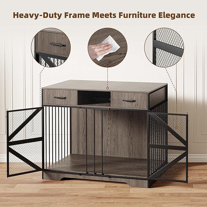 44" Large Dog Crate Furniture, Wooden Heavy Duty Dog Kennel TV Stand with 2 Drawers, Indoor Multi-Functional Decorative XL Furniture for Medium & Large Breeds, Grey