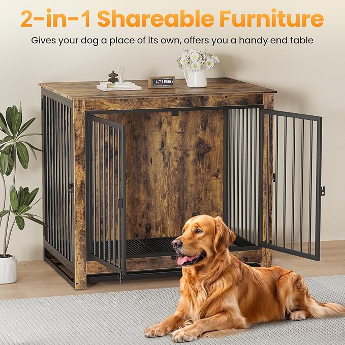 Dog Crate Furniture, 42 InchI ndoor Large Dog Kennel for Medium to Large Dogs Up to 70 LBS, Heavy Duty Wooden Pet Cage End Table with 3 Doors, Alloy Steel Frame & Removable Tray
