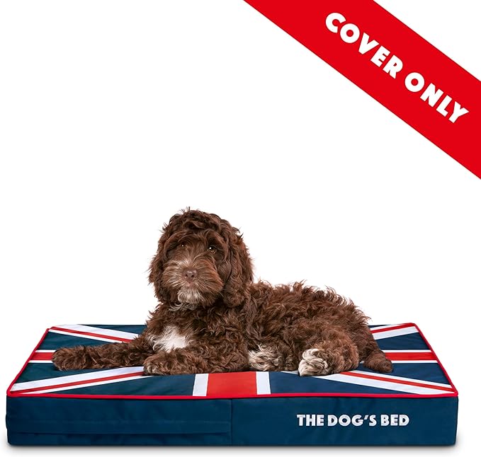 The Dog's Bed Replacement Outer Cover ONLY (NO Bed, NO Waterproof Inner) for The Dog's Bed, Washable Oxford Fabric, Medium 4 Inches (Blue with Red Piping UK Flag & Centre Flag)
