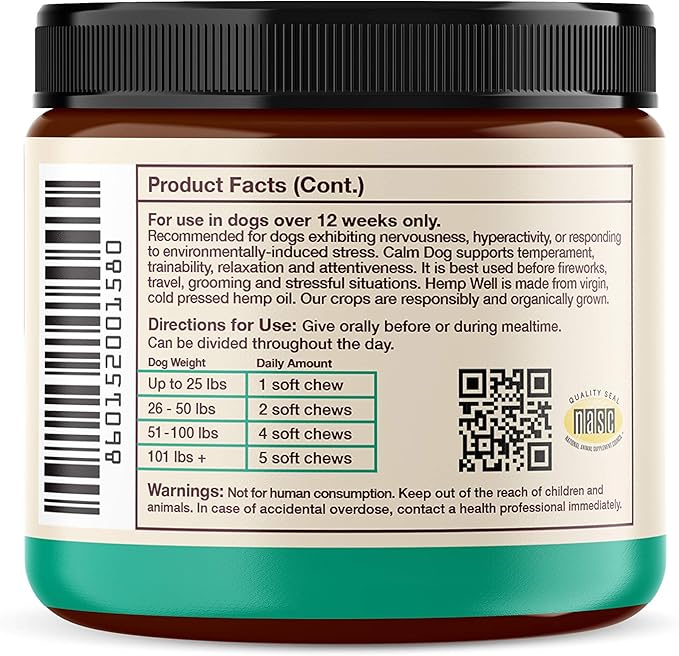 Hemp Well Calm Dog Soft Chews: 60 ct. Organic Hemp Infused with Melatonin - Calming Chews for Separation, Thunderstorms, and Stress - 1 Pack Chews