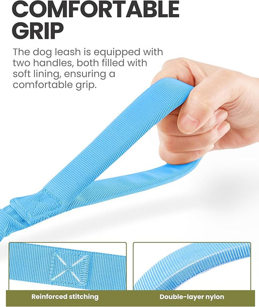 OutdoorMaster Bungee Dog Leash, Heavy Duty Dog Leash with Shock Absorption, 2 Padded Handles Training Leash, Improved Dog Safety and Comfort - Blue Upgraded, 4FT