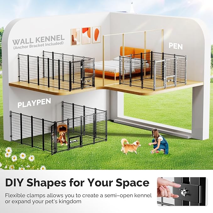 Sino Luban Outdoor Dog Kennel Outside Run with Doggy Door, Swivel Feeder&Roof - 8x4x6FT Large Dog Kennels Pens Outside for Large Dogs Breed- Heavy Duty Cage Yard (Can Connect to Your Dog House)