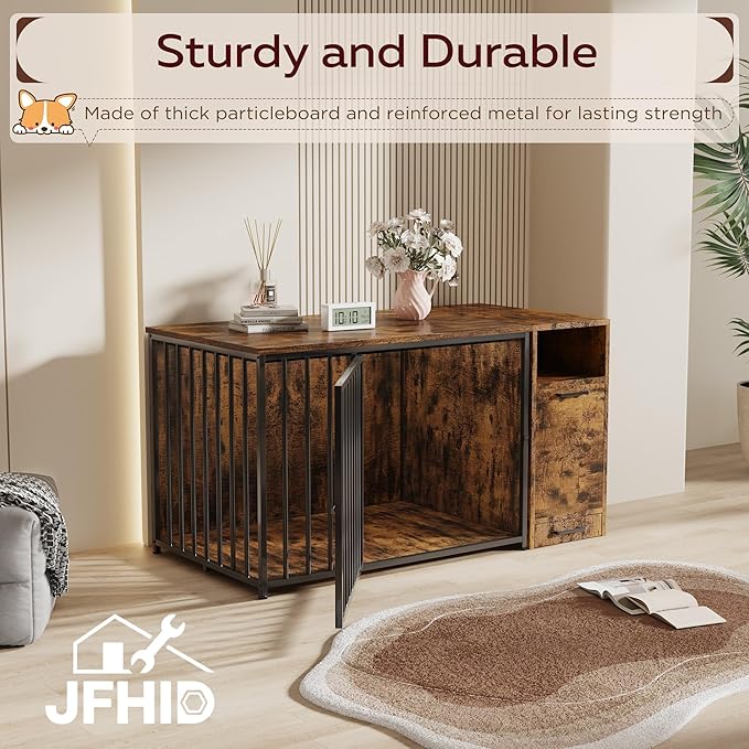 Dog Crate Furniture with Storage Cabinet, 42 Inch Wooden & Steel Decorative Indoor Kennel, Pet Cage End Table for Large and Medium Dogs, Escape-Proof & Chew-Proof, Rustic Brown