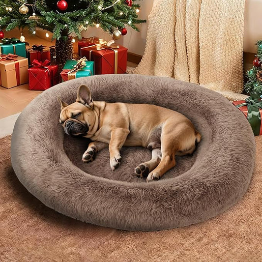 Medium Sized Orthopedic Dog Beds, Donut Calming Pet Beds with Comfort Foam Support, Fluffy Non-Slip Couch for Dog and Cat, with Washable and Indestructible Cover, 32 Inches, Beige