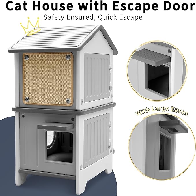 Rockever Outdoor Cat House, 2-Story Waterproof Cat House for Outdoor Cats with Escape Door, Elevated Feral Cat House Indoor, Sturdy Stainless Steel Bowl & Scratching Post, Clean Easily(Grey)