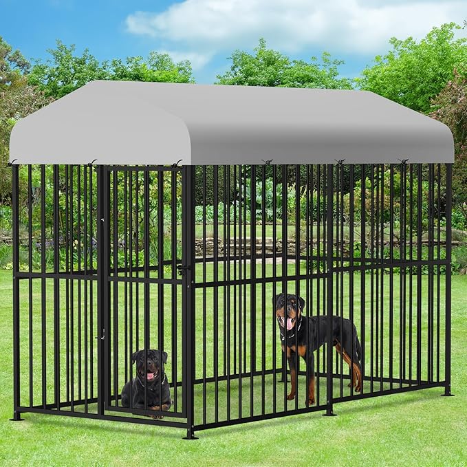 VIVIJASON 4 x 8 x 6 Ft Large Outdoor Dog Kennel, Heavy Duty Metal Frame Dog Cage with Thickened Bars, UV & Waterproof Cover, Outside Pen Playpen Dog Run House for Large to Small Dogs