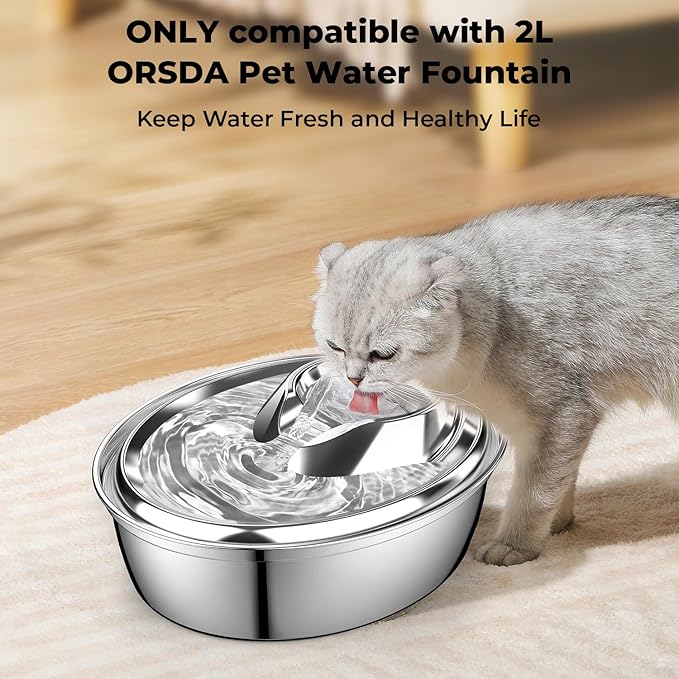 6PCS Cat Water Fountain Filters Replacement for ORSDA D30 67oz/2L Stainless Steel Pet Fountain, Carbon Filters with Triple Filtration System, 3PCS Pump Sponges