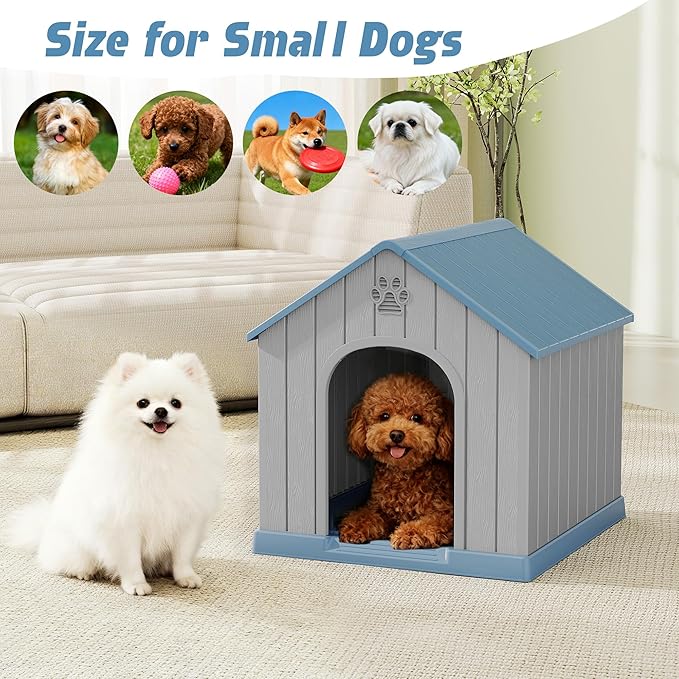 Fancyango Dog House Outdoor Indoor for Medium Large Dogs, Sturdy Plastic Waterproof Doghouse with Air Vents and Elevated Floor, Easy Clean and Assemble (Blue, 26.18''L × 24.02''W × 25.98''H)