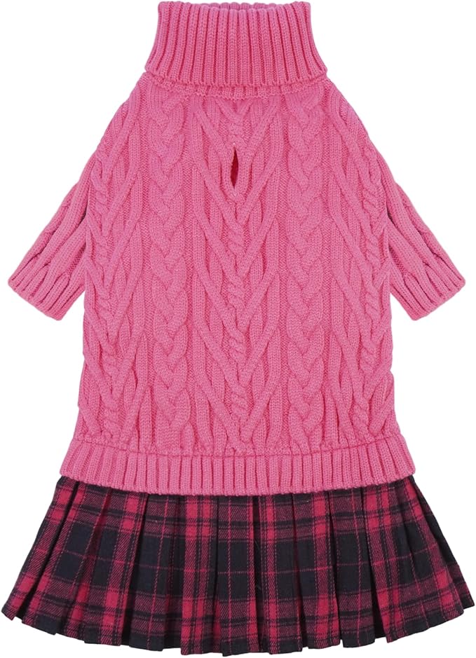 IECOii Girl Dog Sweater Dress - Cable Knit Dog Sweater for Small Dogs Girl - Pink, Medium, Turtleneck Pullover Sweaters with Tartan Plaid Skirt, Adorable Warm Dog Knitted Dress for Christmas