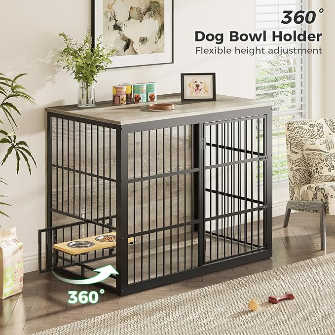 Lyromix 48'' XXL Dog Crate Furniture with Rotating Feeder, Large Wooden Crate End Table, Heavy Duty Indoor Kennel Cage for Medium to Large Dogs, Grey