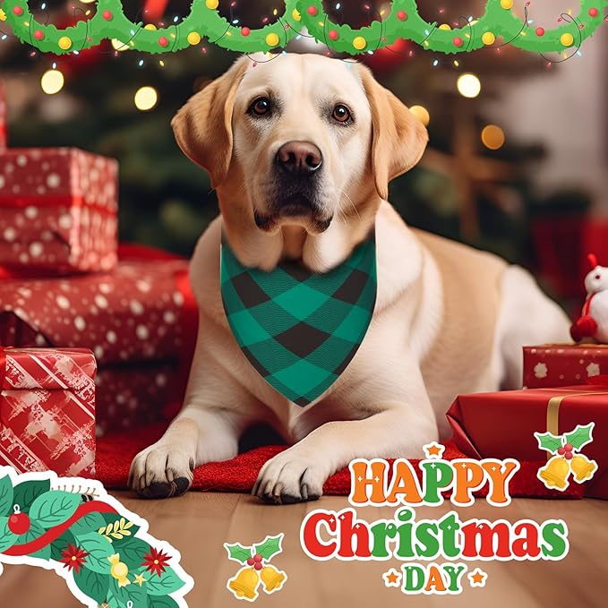 50 Pcs Red and Green Buffalo Plaid Bandanas Bulk for Christmas Dog Xmas Kerchief Set Bibs Dog Triangle Scarf for Small Medium Large Doggie Costume Decoration