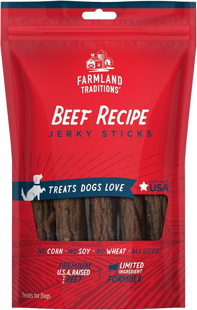 Farmland Traditions Beef Recipe Jerky Dog Treats, High-Protein Dog Jerky Sticks, Wheat-Free & Made in USA for All Breeds & Sizes, 14 Oz Bag