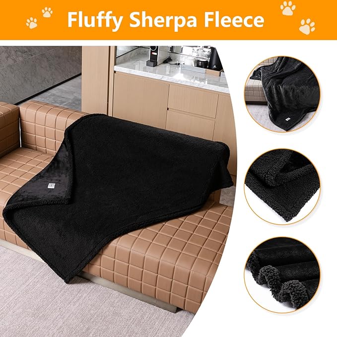 Waterproof Pet Blankets for Medium Dogs Small Cats Black Calming Pets Sherpa Blanket Fluffy Bed Sofa Couch Covers Puppy Leakproof Washable Cover for Warm-Black,M-57x40in