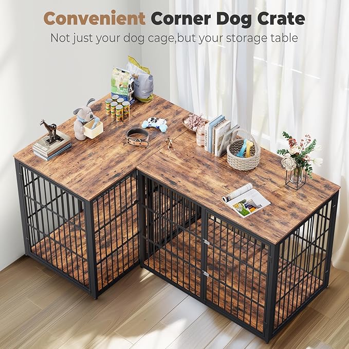 Lyromix 48'' L-Shaped Corner Dog Crate Furniture Large Breed with Double Rooms,Wooden Dog Crate End Table Indoor with Removable Divider for Small to Medium Dogs, Can Use Separately
