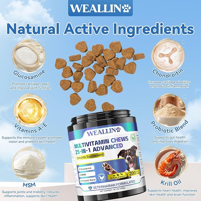 Dog Vitamins - 25-in-1 Dog Vitamins and Supplements Multivitamin with Glucosamine Probiotics Omega-3 Puppy Multivitamin Chewable for Coat, Heart, HIPS & Joints, Digestion & Immune System 200pcs