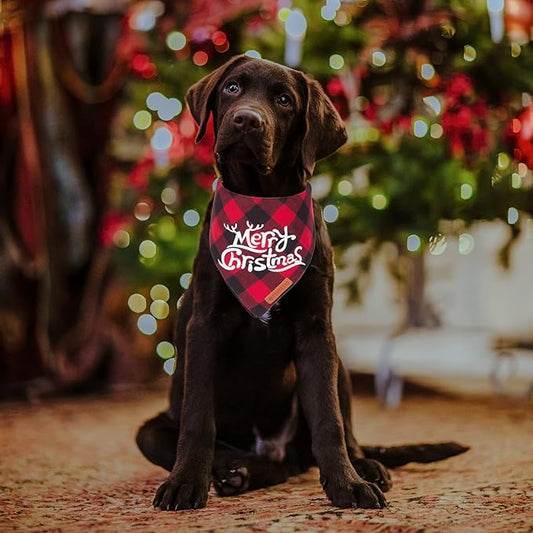 ADOGGYGO Christmas Dog Bandanas, Classic Red Green Plaid Xmas Scarf Triangle Bib, Multiple Sizes Offered, Merry Bandanas for Medium Large Dogs (Large)