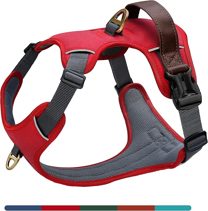 No Pull Dog Harness Medium Sized Dog,Stylish PU Leather Vest with Easy Control Handle,No Choke Front Clip with 2 Metal Leash Clips,Reflective & Adjustable for Walking,Red,Chest 27-33"