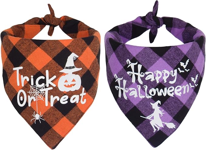 ADOGGYGO Halloween Dog Bandanas, Classic Orange Purple Plaid Pet Scarf Bib, Premium Cotton Fabric, Multiple Sizes, Halloween Bandanas for Small Dogs Pets (Small)