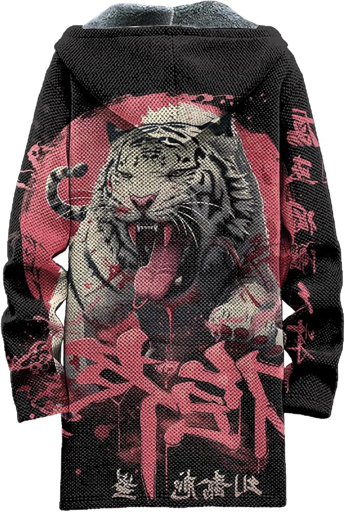 MARSVOVO Cool Hippie Long Cardigan Hoodies for Men Zipper Fleece Lined Knit Coat Skull Animal Print Graphic Jackets