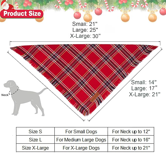 ADOGGYGO Christmas Dog Bandanas with Tassels, Stylish Red Green Plaid Dog Scarf Bib, Multiple Sizes, Pet Christmas Bandanas for Small Dogs Puppies (Small)