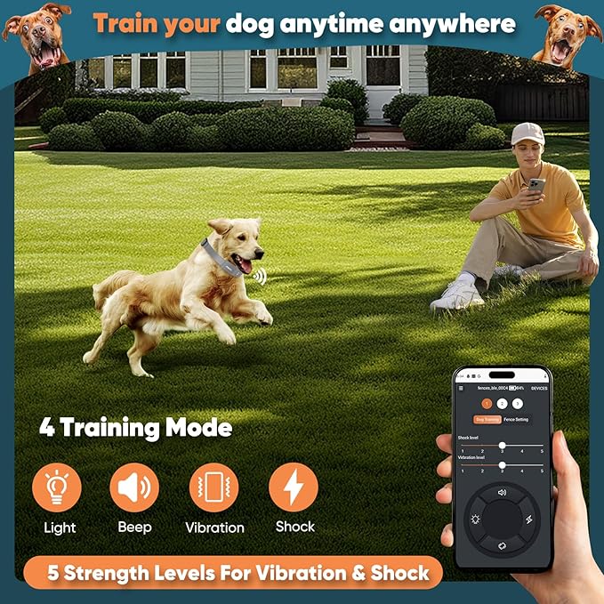 GPS Wireless Dog Fence with Free App, Electric Fence System with Training Collar, Portable Fence for Outdoor Use, Rechargeable Waterproof Flexiable Collar, Adjustable for Large Medium Dogs (Gray)