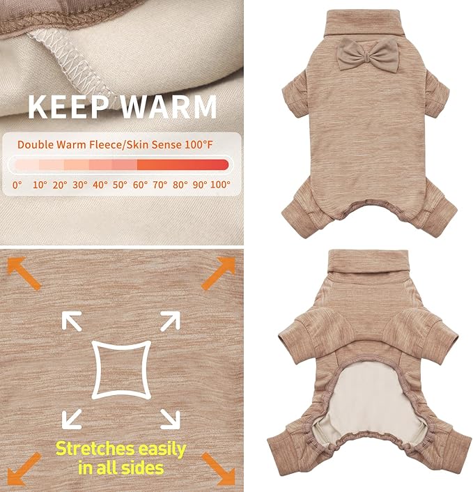 KYEESE Dog Pajamas for Small Dogs Turtleneck Stretchy Dog Pjs Dogs Sweater Super Soft Warm Material Pet Coats with Bowtie Pet Onesie Cold Weather Coat, Khaki,XL