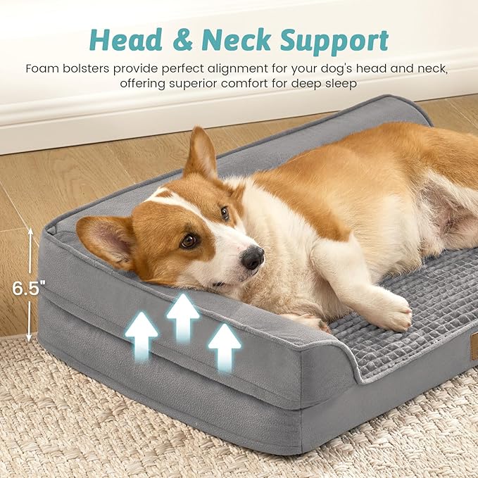Orthopedic Dog Bed for Large Medium Size Dog, Pet Sofa, Foam Bolster Couch with Waterproof Lining Cover, Anti-Slip, Washable, L-Shaped, L 36x27x6.5 inch, Grey