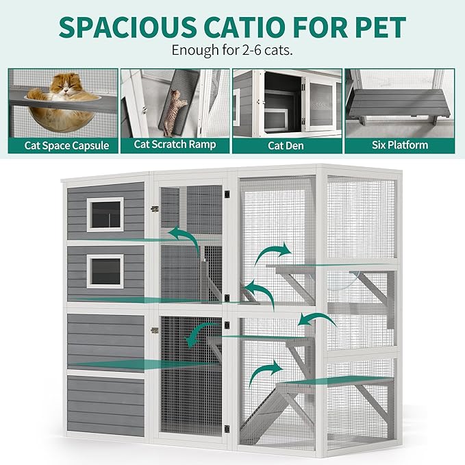 YITAHOME Large Cat Catio 4 Tiers Outdoor Cat Enclosures for Indoor Cats 77.9" Walk in Cats Cage with Weatherproof Roof, 3 Resting Rooms, Scratcher Ramp & Space Capsule Bed, 5 Windows