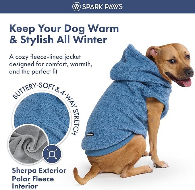 Spark Paws Fleece Dog Jacket, Hooded Sweater Vest, Warm Coat for Winter - Suitable for Small Medium Large XL XXL Breeds - Blue - L