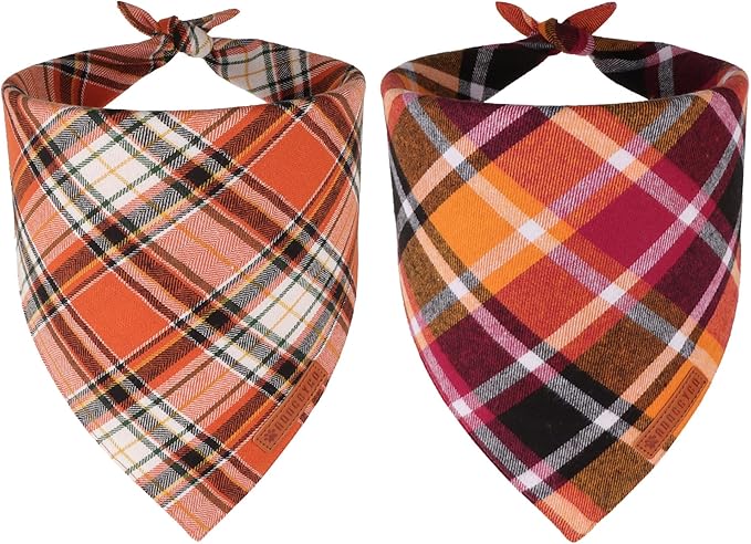 ADOGGYGO Fall Dog Bandanas 2 Pack, Premium Cotton Fabric, Orange Plaid Holiday Pet Scarf, Fall Thanksgiving Halloween Bandanas for Extra Large Dogs (X-Large)