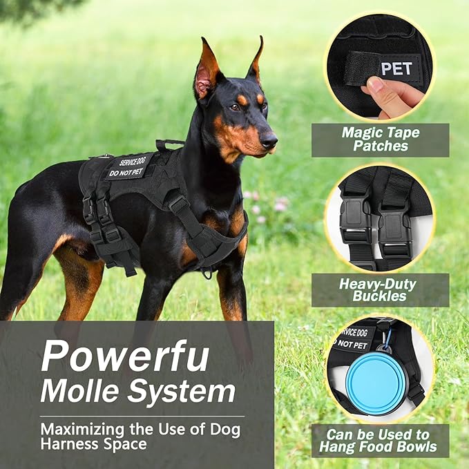 No Pull Tactical Dog Harness for Small Dogs, Escape Proof Molle Dog Vest Harness and Leash Set, Adjustable Military Service Dog Harness with Handle for Medium Large Dogs(Black, Small)