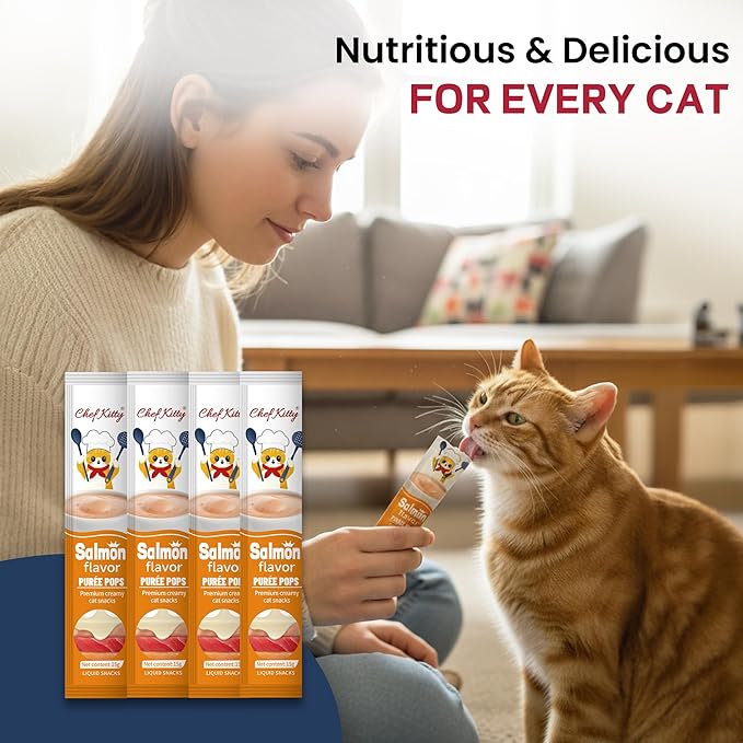 Chef Kitty Purée Pops, Cat Treats, Grain-Free, Lickable, Squeezable Creamy Cat Treat/Topper with Vitamin E & Taurine, 0.5 Ounces Each Tube, 10 Tubes, Salmon Flavor