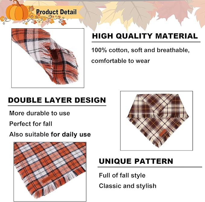 ADOGGYGO Fall Dog Bandanas with Tassels Edges, Orange Brown Plaid Scarf Bib, Multi Size, Fall Thanksgiving Halloween Bandanas for Small Dogs (Small)