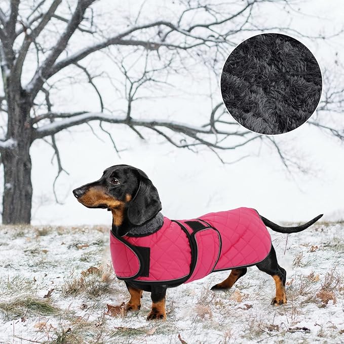 Warm Thermal Quilted Dachshund Coat, Dog Winter Coat with Warm Fleece Lining, Outdoor Dog Apparel with Adjustable Bands for Medium, Large Dog-Pink-S