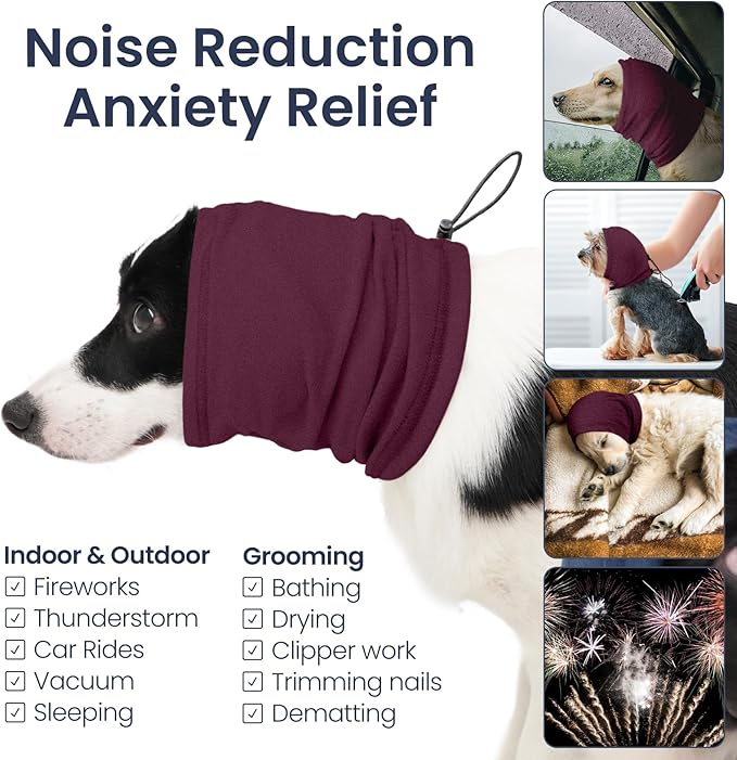 Nanaki Calming Hoodie Dog Ear Cover Dull Red,ML-Soft No Shake Dog Ear Wrap Hematoma, Adjustable Head Protection for Fireworks Grooming, Anxiety Relief, Thunderstorm, Bathing Noise Protection