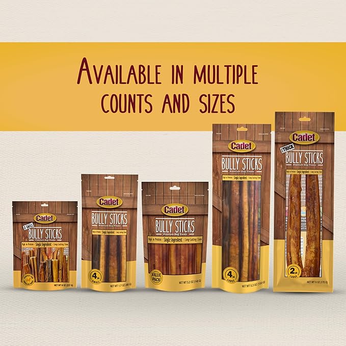 Cadet Bully Sticks for Small Dogs – All-Natural Beef Pizzle, High Protein, Low Fat, Long-Lasting, Grain & Rawhide-Free Dog Chews for Aggressive Chewers, Small (12 Ounce)