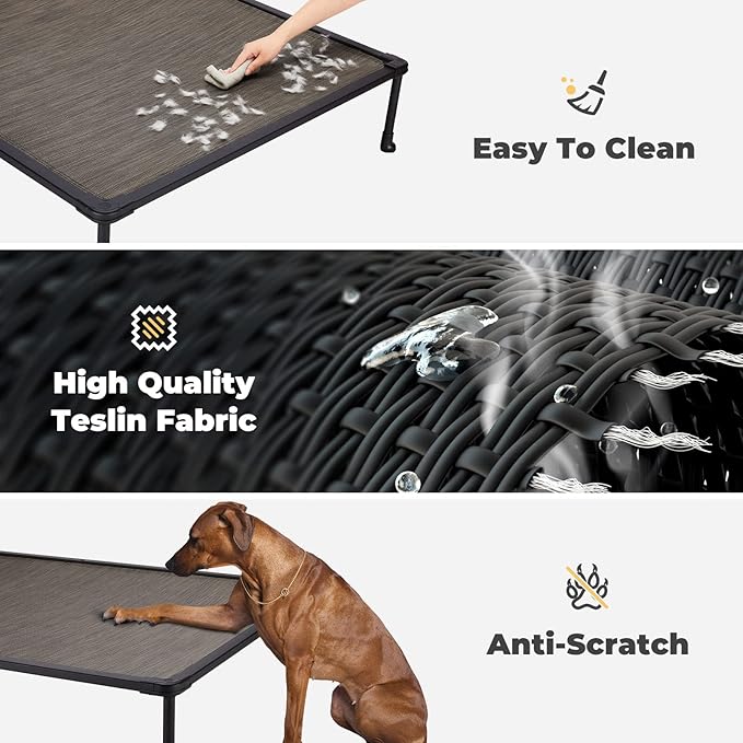 Veehoo Chewproof Elevated Dog Bed - Cooling Raised Pet Cot, Breathable Mesh, Washable & Non-Slip for Large Dogs, Indoor/Outdoor, Brown Mat and Black Frame, 49x33inches (Model CWC2203A03)