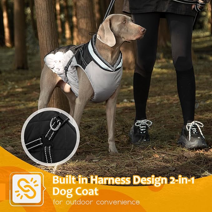 Dog Winter Coat with Harness, Dog Jacket, Pet Clothes with Zipper on Back, Waterproof Windproof Warm Vest, Reflective Cold Weather Coats, for Small Medium Large Dogs, Thick, Black, 2XL
